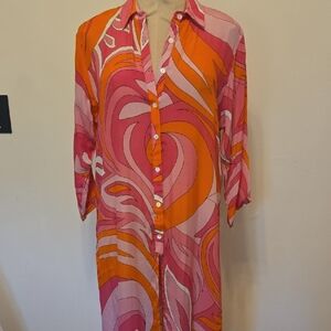 Vibrant Pink & Orange Swirl Button-Front Tunic